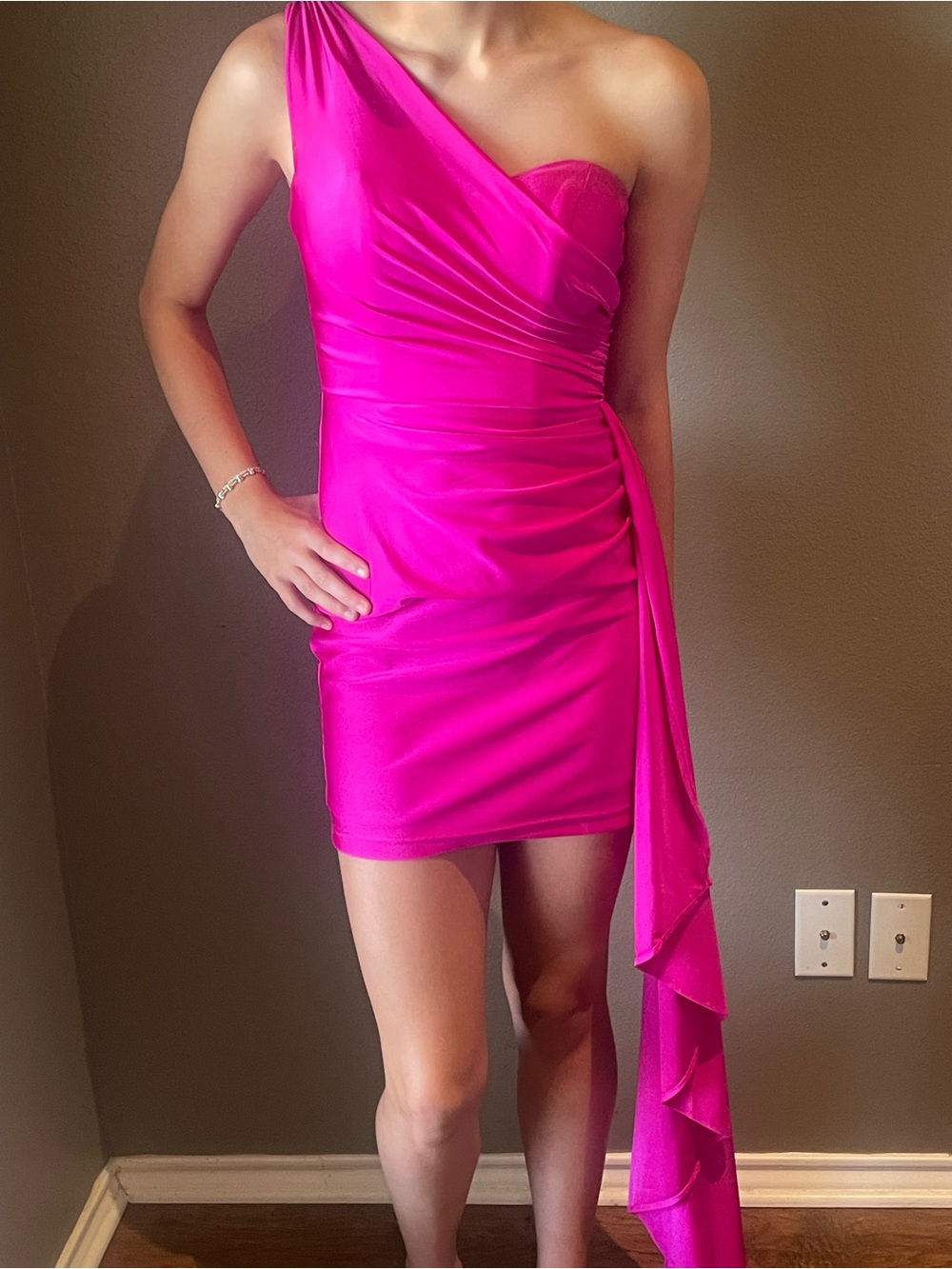 Gianni Bini Hot Pink One-Shoulder Mini Dress with Draped Sash